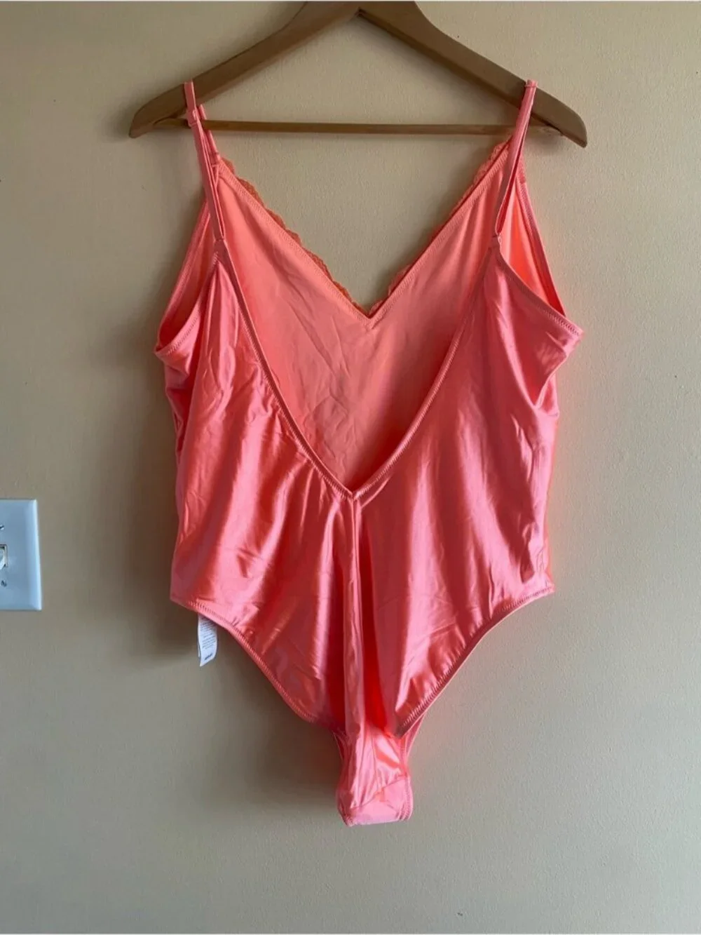 Aerie Shine Lace Plunge One Piece Swimsuit XL Coral UPF 50 Low Back Cheeky NEW